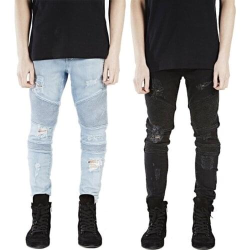 2019 New High Street Street Motorcycle Folded Hole Jeans Mens Black Jeans Elastic Modis Foot Pants More Sizes 28-38 40 42