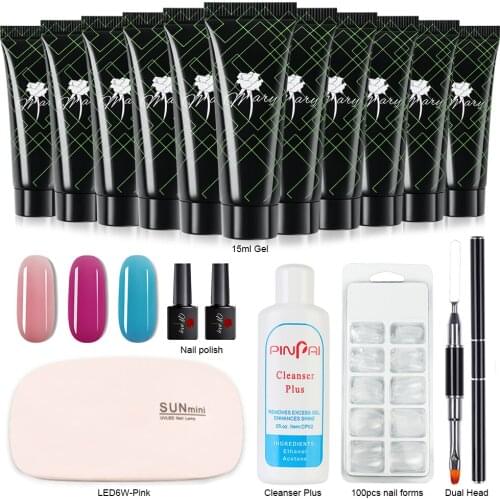 BZ 7PCS Manicure Kit for Nail Poly Nail gel Set Builder Gel Nail Brush Soak off Quick Building Finger Extension Pink UV Dryer