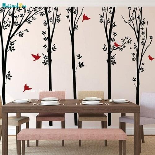 Birch Tree Wall Decal Five Birchs New Design With Leaves For Bedroom Office Vinyl Art Murals Self-adhesive Art Murals YT2532