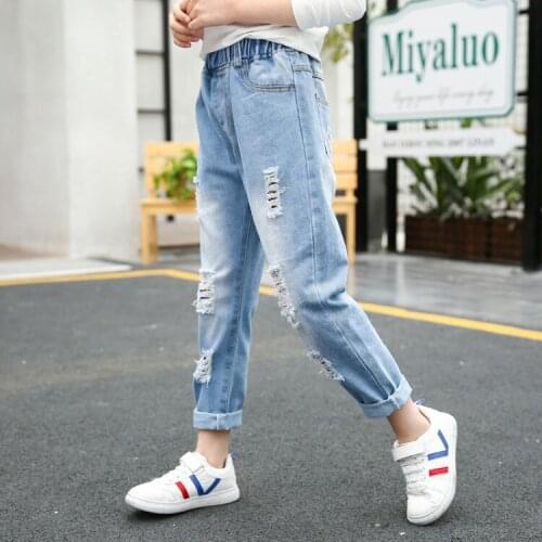 New Fashion Multicolor Hole Little Girl Jeans Boy Spring and Summer Denim Casual Loose Cuffed Jeans Children Pants