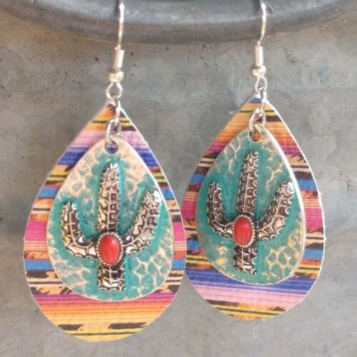 2021 European and American New Arrival Product Color Personality Cactus Leopard Ruby Double Drop Earrings Wholesale Jewelry