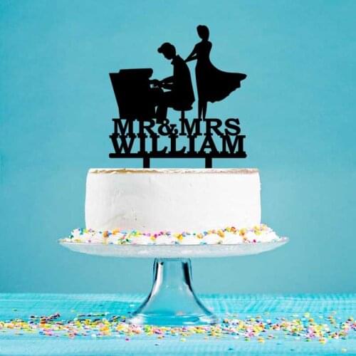 Personalized Wedding Cake Topper Custom Mr Mrs Name Couples Playing Piano Silhouettes Cake Topper For Wedding Cake Decor YC140