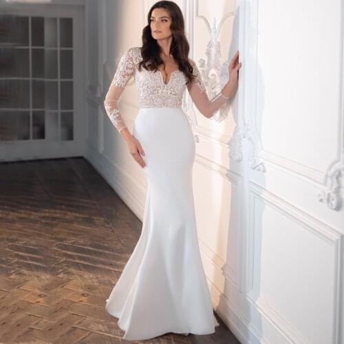 Sexy V-Neck Appliques Lace Long Sleeve Buttons Mermaid Wedding Dress 2021 Vestido De Noiva Bridal Gown