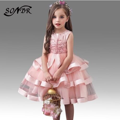 Pink Princess Ball Gowns HT233 Embroidery Kids Party Dresses For Wedding Appliques Flower Girl Dress Beading Girls Pageant Gown
