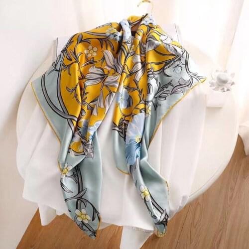 Pure silk satin flower print seda skarf woman fashion femme foulard soie accesorios mujer British luxury stole big size scarf