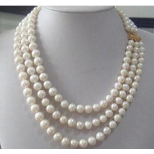 Triple strandsAAA 7-8mm Real Australian south sea white pearl necklace 17-19"