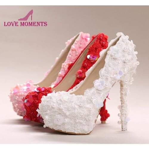 White Pink Red Lace High Heel Wedding Party Shoes 10cm 12cm and 14cm Heel Glitter Sequin Formal Dress Shoes Bridesmaid Shoes