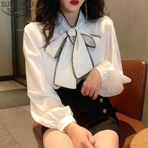 Vintage Long Sleeve Blouse Lantern Sleeve White Blouse Women Bow Shirt Single Breasted Spring New Ladies Tops Blusas Mujer 12983