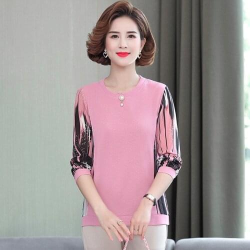 Womens Chiffon Sleeve Knitting T-Shirt 2021 Spring Autumn New Large Size 5XL Floral Tee Tops Casual Pullover Mother Clothes