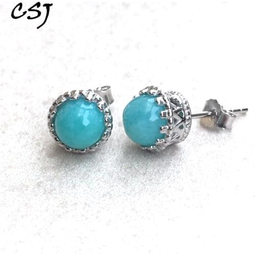 CSJ Elegant Classic Natural Amazonite Stud Earrings 925 Sterling Silver Blue Gemstone Fine Jewelry Women Lady Engagment Party