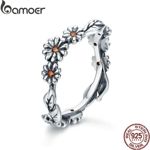 BAMOER Hot Sale 100% 925 Sterling Silver Twisted Daisy Flower Female Finger Rings for Women Wedding Silver Jewelry Anel SCR298