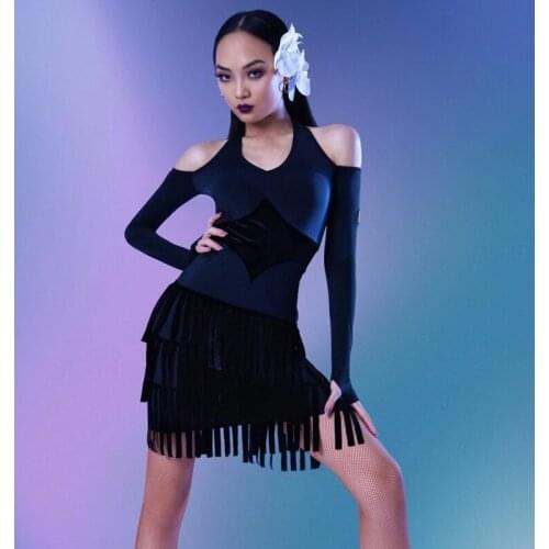 2020 Latin Dance Dress For Women Sexy Long Sleeve Practice Dress Female Adult Ballroom Chacha Tango Latin Fringe Dress DW015