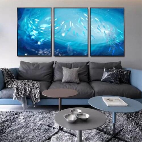 Abstract Blue Ocean Fish Paint Canvas Underwater World Poster Canvas Print Painting Wall Art Living Room Home Decoration