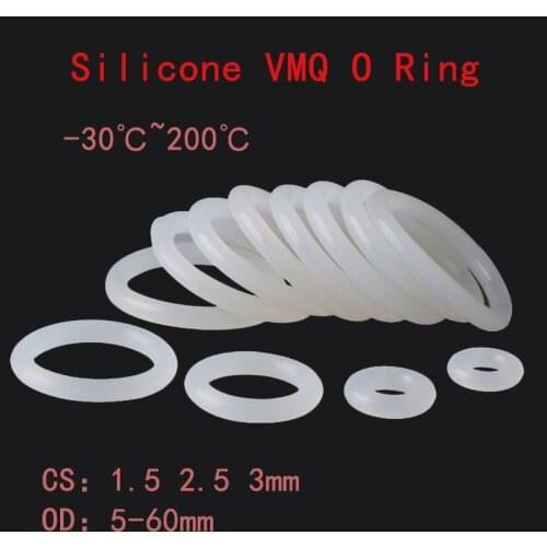 VMQ White Silicone O Ring Gasket Thickness 1.5/ 2/ 2.5/ 3mm OD 5 ~ 60mm Food Grade Rubber Insulate Round O Shape Seal O-Ring