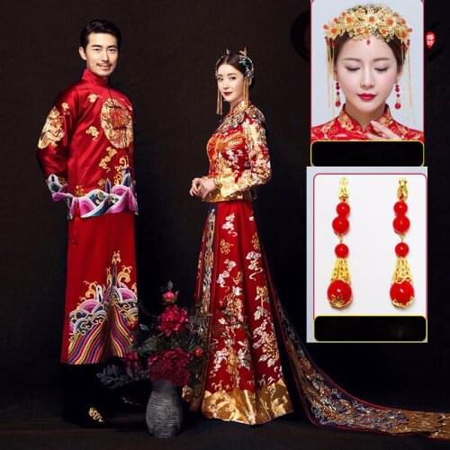 Brides Long Chinese Wedding Dress Cheongsam Qipao Retro Long Flower Phoenix Printing Gown Chinese couple Wedding Outfit groom