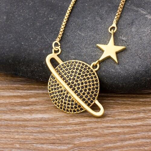 Dainty Planet & Star Crystal Necklace Charm Gold Color Chain Choker Necklace For Women Wedding Party Pendant Jewelry Gift