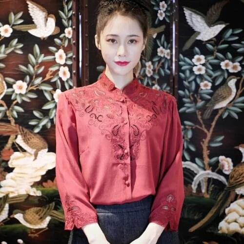 Chinese Style Retro Literary Shirt Chinese Stand Collar Silk Top Loose Waist Embroidered Cashew Flowers Jacket S-2XL