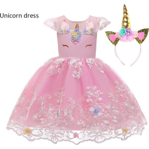 2020 Summer Girl Dress Unicorn Lace Embroidery Big Bow Princess Dress Girl Birthday Halloween Show Dress Holiday Kids Costume