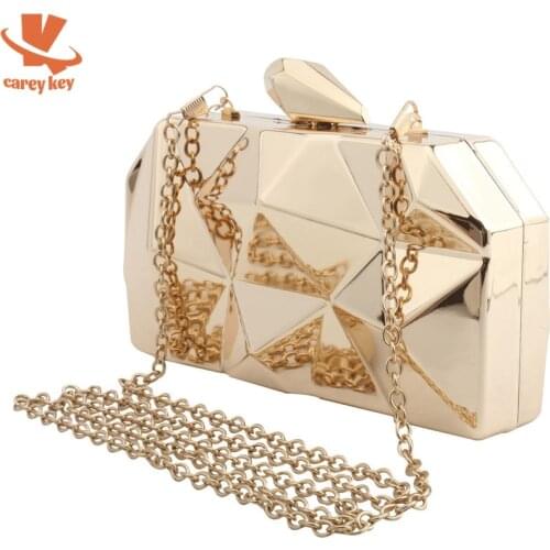 CAREY KEY Fashion Handbags Women Metal Clutches Hexagon Mini Party Black Evening Bags Silver Purse Gold Box Chain Shoulder Bag