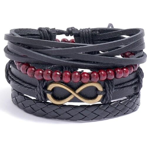 Fashion Handmade Weave Vintage Alloy Bracelet Boho Gypsy Wood Beads Leather Infinity Charm Men Bracelets Women Female Jewelry