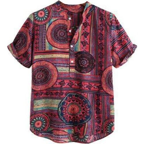 Summer Men Color Block Ethnic Geometry Print Short Sleeve Buttons Pullover Shirt Perfectly match with all variety of pants