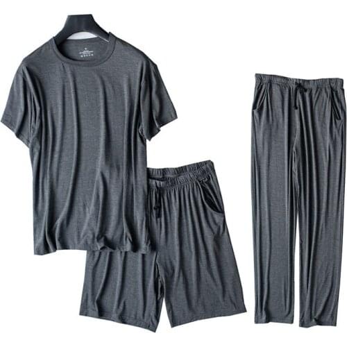 3 Pcs/Set Mens Pajamas Summer Modal Breathable Short Sleeve T Shirt+Trousers+Shorts Home Costumes Casual Solid Sleepwear Sets