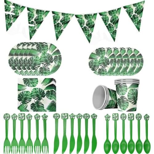 Green Monstera Leaf Party Disposable Tableware Set Hawaiian Tropical Party Supplies Summer Forest Party Decorations Baby Shower