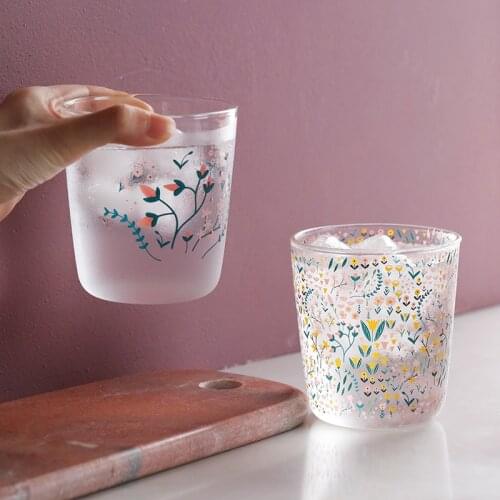 Nordic Vintage Transparent Coffee Glass Cup Heat-resistant Milk Juice Tea Cup Drinkware Print Home Wedding Glasses