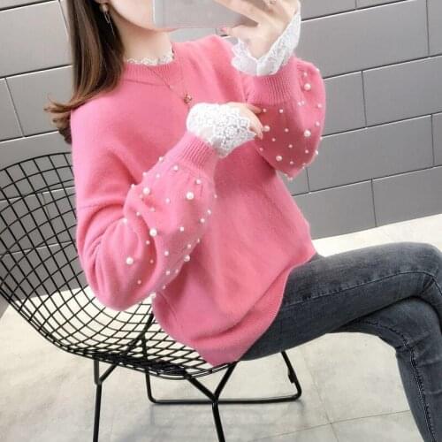 2020 New Round Neck Pullovers Loose Lace Sweater Beaded Jumper Korean Fake Two-piece Sweater Womens Jacket Knitting Tops Y620