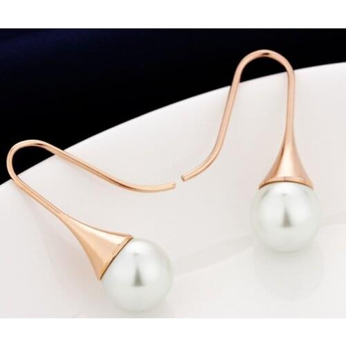 New Arrival Top Quality Trendy Simple Titanium Steel Women Simulated-Pearl Drop Earring/Fashion Cheap Pearl Earrings for Party