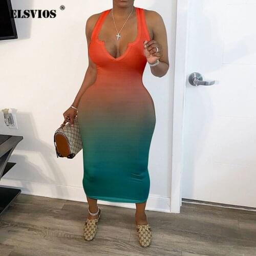 New Sexy Tight V-Neck Gradient Midi Dress Women Summer Sleeveless Fashion Slim Night Club Party Clothing Lady Street Casual Wear