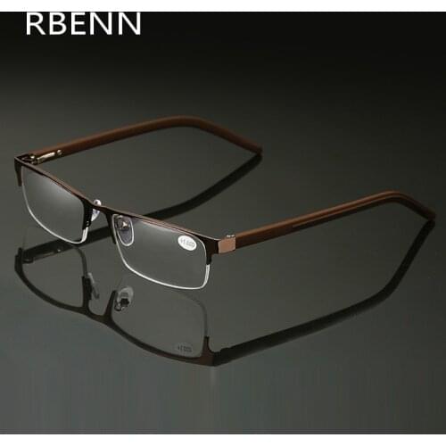 RBENN Metal Frame Reading Glasses Men High Quality Semi Rimless Business Presbyopic Reading Glasses +0.5 0.75 1.25 1.75 2.25 5.0