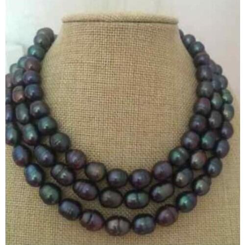 Single strand 9-10mm tahitian black green pearl necklace 38inch 14k