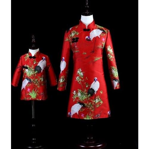 Mother Dughter Dresses Family Look Clothing Chinese Style Tang Dynasty Cheongsam Crane Print Long Sleeve Mommy and Me Clothes