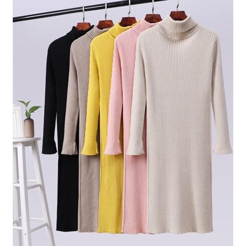 Gkfnmt High elasticity autumn winter sweater dress women warm female Turtleneck knitted bodycon elegant club dress OL Pink