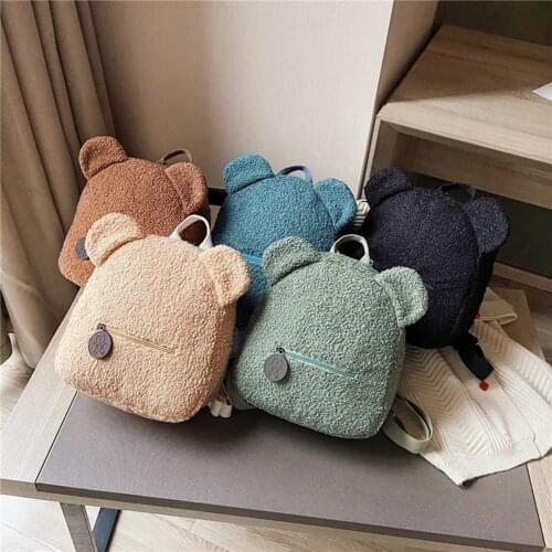 Cute Bear Backpack Casual Fleece Women Autumn Winter Backpack Children Girls Bear Small School Bags Ladies Fashion Solid Bagpack