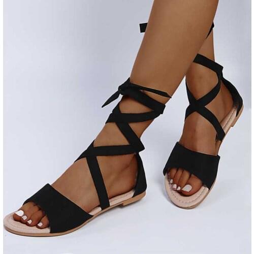 Gladiator Sandals Women Cover Heel Lace-Up Flat Sandal 2021 Summer Female Outside Casual Walk Beach Shoes Beige Plus Size 43