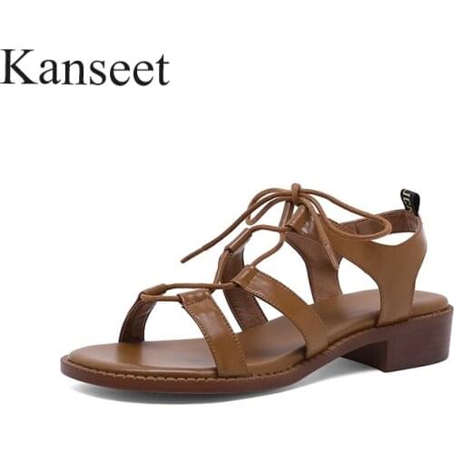 Kanseet Genuine Leather Round Toe Women Sandals 2021 Summer New Cow Leather Lace-Up Basic Comfort Med Heels Sandals Female Shoes