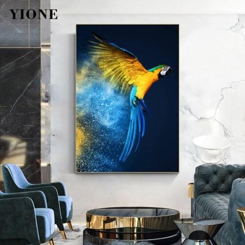 Modern Abstract Flying Blue Yellow Parrot Canvas Painting Custom Animal Wall Art Picture Print Poster for Living Room Bedroom