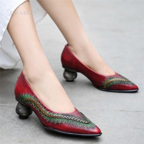 Handmade Genuine Leather Embroidered Retro Pointed Toe Heels Red Pumps Women Shoes Block Heels Slip On Office Shoes Red/Coffee