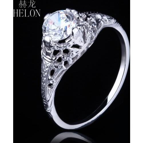 HELON Vintage Antique Wedding Jewelry Solid 10K White Gold Round Cut 5.5mm 0.6ct Moissanites Diamond Engagement Women Fine Ring
