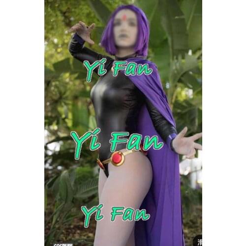 Raven Female Superhero Cosplay Costume Costume Shiny Metallic Spandex Halloween Zentai Catsuit for Woman with Cape
