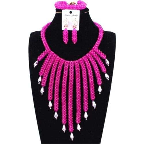Fuchsia Hot Pink African Beads Jewelry Sets Tassel Nigerian Wedding Jewelry Set For Brides Free Shipping 2018 Fashion Indian Set