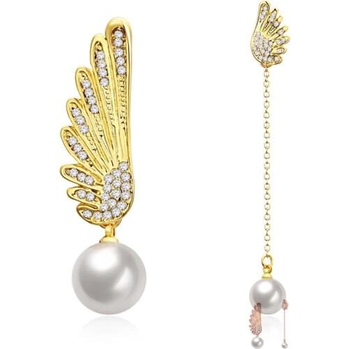 ZEMIOR Christmas Wing Pearl Earrings For Women Shining Zircon Asymmetry Gold Plate Stud Earring Fashion Jewelry Anniversary Gift