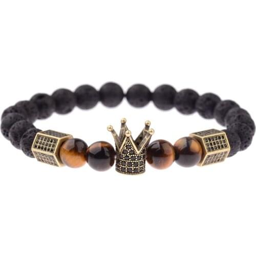 Luxurious CZ Gold Crown Cube Copper Bracelet Homme Lava Bracelet Men 2020 Handmade Elastic Bracelets For Women