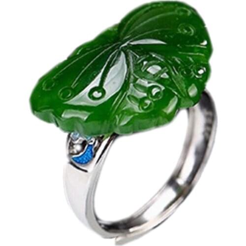 Top New 100% real S925 sterling silver vintage natural green stone ring for female inlaid butterfly woman silver rings