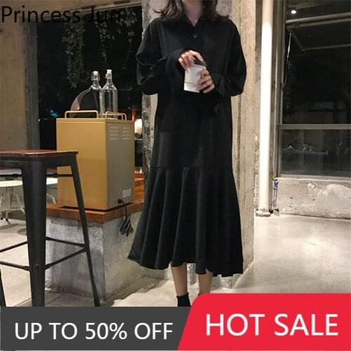 Plus Size 4XL Women French Retro A Line Dress Vintage Fashion V Neck Black Long Shirt Dress Long Sleeve Elegant Irregular Dress