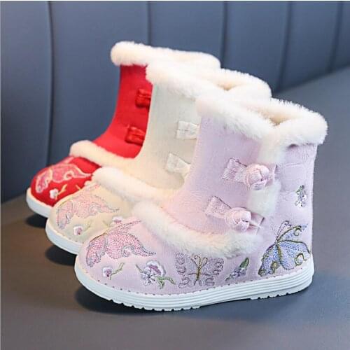 Winter Kids Girls Boots Cloth Shoes with Flower Autumn Children Embroidered Boots Plush Velvet Snow Boots Chinese Style Shoes