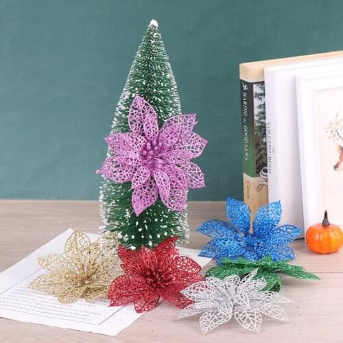 10PCS Artificial Flowers Plastic Glitter Flowers Christmas Tree Ornament DIY Xmas Decoration New Year Home Decor
