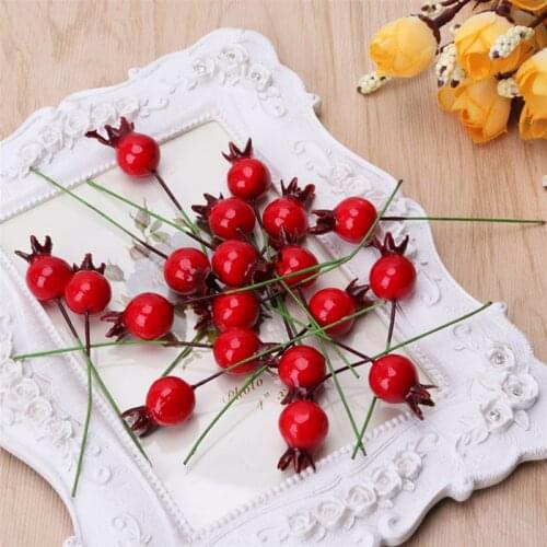 100PCS Mini Fake Smooth Glass Pomegranate Fruit Small Berries Artificial Flowers Red Cherry Stamen Wedding Christmas Decorative
